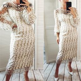 Embroidery Print Floral Mesh Women's Dress Long Sleeve O-neck Zipper Midi Dresses Female Summer Elegant Party Lady Vestidos 220317