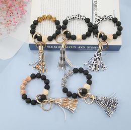 Black Frosted Wooden Beads Bracelet Keychain key chain Pattern Tassel Pendant Bracelets Key ring keyring Wrist Strap Accessories