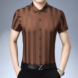 Men's Casual Shirts Male Summer Striped Silk Clothes Elegant Man Soft Shirt Short Sleeve Dress ShirtMen's