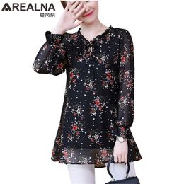 Blusas Mujer de Moda Kimono Sıradan Çiçek Şifon Bluz Kadın Gömlekleri Kimya Artı Boyut Vintage Uzun Kollu Ön Bağlantı Üst 210308