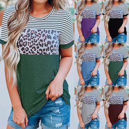 T-Shirt Women Round Neck Striped Leopard Print Hit Colour Short-Sleeved Female Top Women'S Tee Shirt Spring Summer 2022