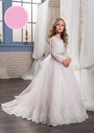 Flower Girl Dresses for Weddings 2022 A-Line Communion Lace Dress with Long Sleeves Toddler Formal Party Gowns Tulle Kids Birthday Special Event Tie-Back Waist Jewel