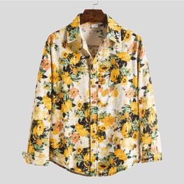 Mens Floral Dress Shirts Long Sleeve Button Down Hawaiian Shirt Men Slim Fit Cotton Linen Shirt Male Camisa Social Masculina 5XL L220704