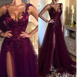 custom burgundy deep v neck side split prom gowns applique elegant pageant formal prom dresses plus size party