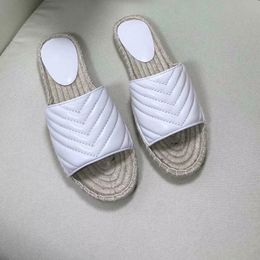 Newest Women Slipper White Leather Espadrille Stripes Straw Fisherman Sandals with Two Tone Canvas Outdoor Beach Thick Sandals With boxNO30