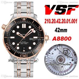 VSF V2 Diver 300M A8800 Automatic Mens Watch Two Tone Rose Gold Ceramics Bezel Black Wave Texture Dial Steel Bracelet 210.20.42.20.01.001 Super Edition Puretime 02a1