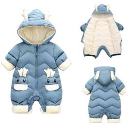 Thick Warm Baby Jumpsuit Hooded Inner Fleece Boy Girl Winter Overall 0-2Y Newborn Baby Outerwear Kid Snowsuit Toddler Romper J220718