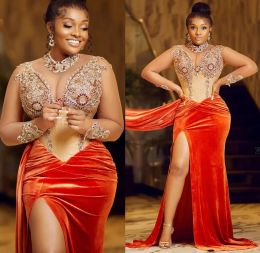 Orange Prom 2022 Dresses Long Sleeves Crystals Beaded Side Slit Veet High Neck Floor Length Tail Party Evening Gown Vestido Custom Made Plus Size