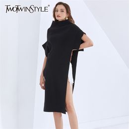 TWOTWINSTYLE Casual Black Knitted Dress For Women Turtleneck Batwing Sleeve Side Split Midi Dresses Female Autumn Fashion 210203
