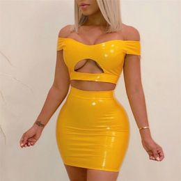 Women Two Pieces Sets PVC Crop Tops with Mini Skirt Clubwear Sexy Cut Out Chest Tight Evening Night Out Femme Bodycon Club Suits T200702