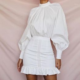 Casual Dresses 2022 Spring And Autumn Style WOMEN'S White Dress Solid Colour Crew Neck Sexy Backless Flounced High-waisted Party