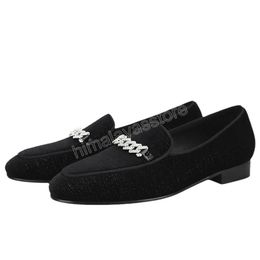 Black Velvet Dress Shoes Men's Loafers Handmade Rhinestone Metal Buckle Moccasin Breathable Leather Insole