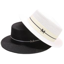 Flat Top Straw Hat with Letter M Band Summer Women Wide Brim Sun Protection Boater Hat Outdoor Seaside Vacation Beach Cap