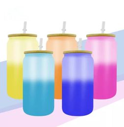 local warehouse sublimation cold Colour changing glass tumbler 16oz glass can juice can with bamboo lid and straw low temperature changing Colour cups