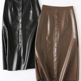 Tangada Women Brown Faux Leather Midi Skirt Vintage Back Zipper Ladies Chic Mid Calf Skirts YU184 220322