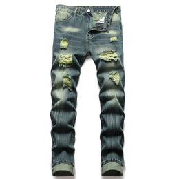 Jeans strappati dritti sottili 2022 Pantaloni in denim con foro distrutto verde retrò da uomo nuovi 25 stili Abbigliamento uomo autunno e primavera