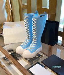 2022-British Style Martin Boots Women New Canvas High-top Solid Colour Thick-soled Casual Round Head Lace-up Boots 35-40
