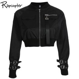 Rapcopter Outerwear Coat Bomber Jacket Women Patch Long Sleeve Autumn Jacket Pocket Hig Waist Buckle Zipper Streetwear Jacket T200111