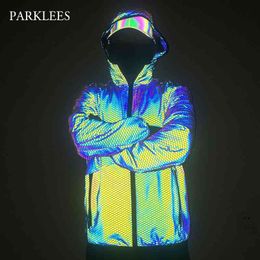 Parklees Mens Fish Scales Reflective Hooded Jacket Spring Fashion Fluorescent Coats Casual Hommes Veste Chaquetas Hombre