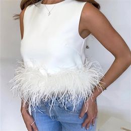 Tawnie Spring Summer Y2K Satin Feathers Crop Top Women Casual O Neck Sleeveless Off Shoulder Cami Sexy White Tank Tops 220318