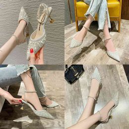 Sandals Sexy Pointed Nose Pearl Pumps Women Ankle Strap Thin Heel High Heels Shoes Woman Spring Fashion Crystal Party Sandal 220419