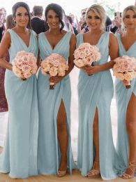 Blue Bridesmaid Baby Dresses A Line Floor Length Sexy V Neck Chiffon Side Slit Custom Made Plus Size Maid of Honor Gown Vestidos Formal Evening Wear estidos