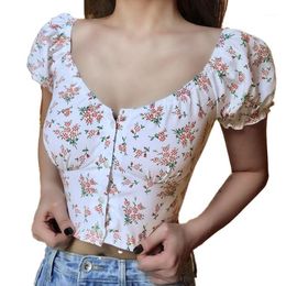 Women Cropped Top Buttons Shirt Flower Printed Round Neck Short Puff Sleeve 2022 Summer Cardiganf For Dating Shopping Gift Women's T-Shirt