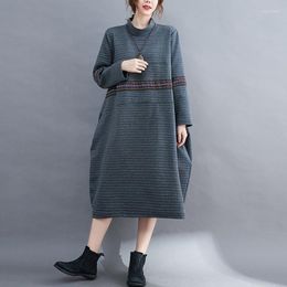 Casual Dresses Oversized Women Thick Cotton Dress 2022 Autumn Winter Vintage Style Turtleneck Loose Female Long B1159