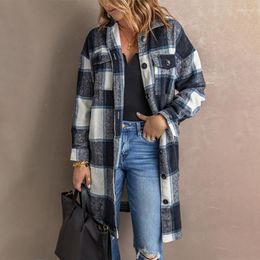 Women's Wool & Blends Plaid Coat Autumn And Winter 2022 Lapel Knitted Button Up Casual Long Bery22