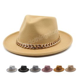 Men Western Cowboy Hat With Metal Chain Autumn Winter Women Wide Brim Gentleman Jazz Cap Cowgirl Classic Felt Fedora Hat