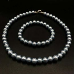 Cultured Shell gray Pearl 8x8 mm Beads Stretch Necklace Bracelet Set