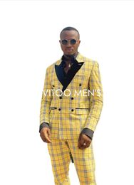 Men's Suits & Blazers Yellow Plaid With Black Lapel Double-Breasted Men Suits/Casual Street Fashion Jacket Trousers For Men/Slim Fit Suit Se