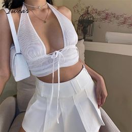 Women Halter Sexy Camisole Crop Tops With Sleeves Tank Top Strapless Femme See through Mesh Party Club Basic Stretchy 220325