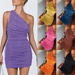 One Shoulder Bodycon Dress Women Sexy Party Dresses Summer Elegant Ruched Mini W220421