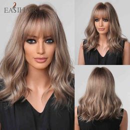 EASIHAIR Medium Length Light Brown Wavy Synthetic Wigs with Bangs for Africa American Daily Cosplay Heat Resistant 220525
