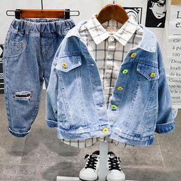Clothing Sets Brand Boys Clothes Sping Autumn Denim Jacket +Plaid Shirt + Jeans 3pcs Kids Boy Set Children Outfit