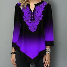 Casual Gradient Plus size Shirt Fashion Printed Button V-neck Three-quarter Sleeve Blouse Street Large Ladies Tops 5XL 220407