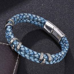 Charm Bracelets Vintage Blue Genuine Leather Bracelet Men Stainless Steel Bangles Magnetic Clasp Male Wristband BB0249LCharmCharm