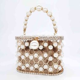 Evening Bag Beaded Pearl Clutch Handbag Women 2022 Rhinestone Metal Honeycomb Purse Ladie Wedding Bag Design Luxury 220622