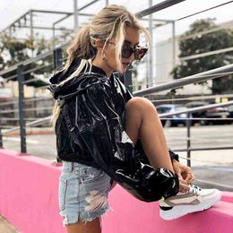 Style Sweater Women Short Cropped PU Leather Shiny Hoodie Fashion Jacket Women Smooth Leather Slim Fit Jacket with Hood Collar L220728