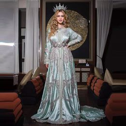 Moroccan Kaftan Caftan Muslim Evening Dresses mint green Long Sleeve Appliques Beading Dubai Arabic Turkey Abaya Islamic prom Gowns