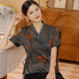 Ethnic Clothing V-Neck Blouse Plus Size 3XL-5XL Tops Spring Traditional Chinese Style Retro Shirt For Female Women Short Sleeve HanfuEthnic