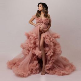 Sexy Maternity Gowns Wraps Photography V Neck Ruffles A Line Sweep Train Tulle Women Maternity Dress for Photo Shoot