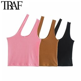 TRAF Women Sexy Fashion Asymmetric Cropped Ribbed Knit Tank Tops Vintage Sleeveless Stretch Slim Female Camis Mujer 220318