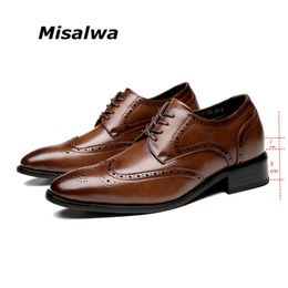 Misalwa Genuine Leather Brogue Men Elevator Shoes Flat / 5 CM Height Increase Lift Men Formal Dress Shoes Business Office 220321