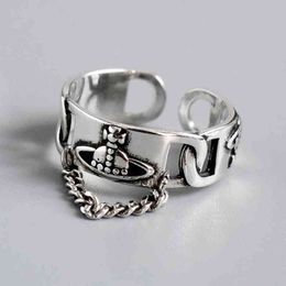 Retro Chain Ring Planet Rings Silver Colour Braided Chain Locomotive Cool Girl Adjustable Opening Finger Ring