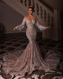 Mermaid Champagne Prom V Neck Applqiues Sequins Off Shoulder Long Sleeve Sexy Transparent Elegant Sweep Length Train Evening Formal Dresses Girls Gowns