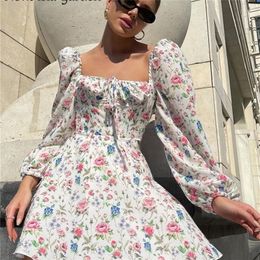 Asia Floral Dress Women Lantern Long Sleeve Ruched Print A Line Square Neck Tie up Mini Vestidos Sexy Chic Summer Beach 220725
