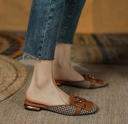 Women's Slippers Retro Houndstooth Tassel Casual Shoes for Woman Summer Outdoor Ladies Slides Metal Buckle Low Heel Sandals GC934