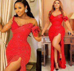 2022 Plus Size Arabic Aso Ebi Red Mermaid Lace Prom Dresses Sheer Neck Sexy Evening Formal Party Second Reception Birthday Engagement Gowns Dress ZJ744